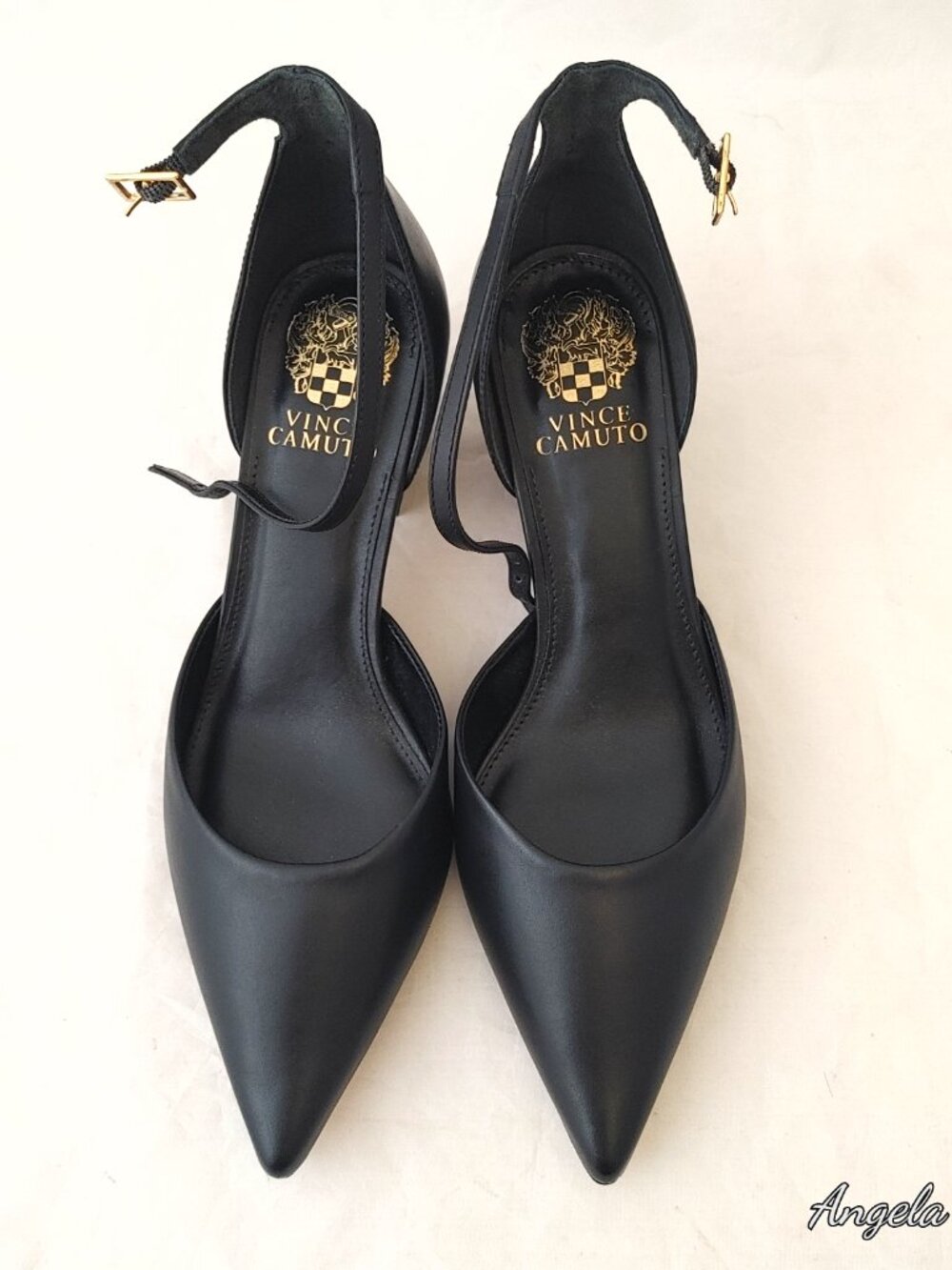 Vince Camuto Black Leather Ankle Strap Pointed Toe Block Heel Pumps Size 8M